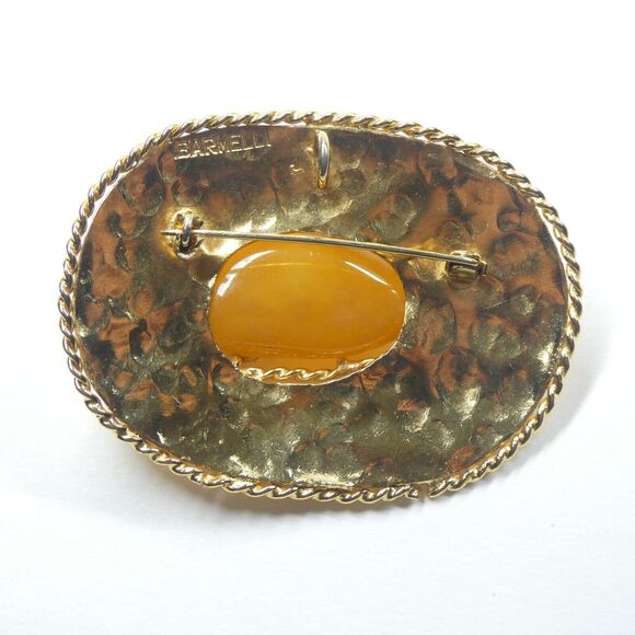 Gold Statement Brooch Pendant Agate Amber Stone Center Signed Barmell Large Pin - Picture 8 of 14